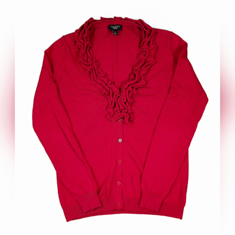 Talbots Sweater Womens Small Cardigan Neck Ruffle Trim‎ Soft Casual Work Cozy